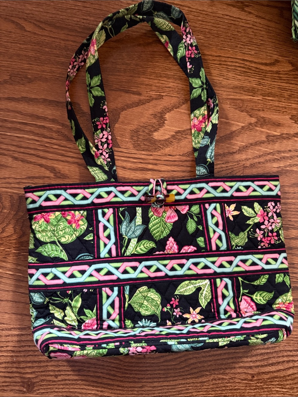 Vera Bradley BOTANICA Quilted Floral Tote Bag in Black with Pink & Green Accents